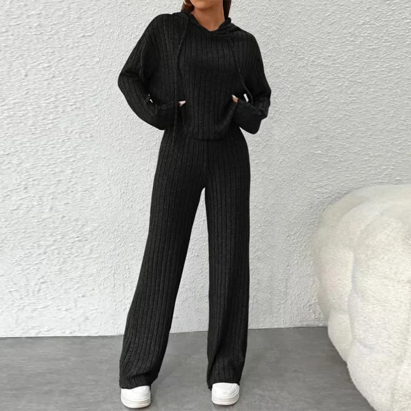 Anna™ | Solid Knitted Striped Sweatshirt Pants Suit