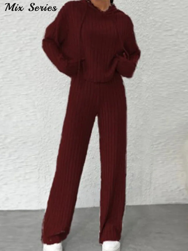 Anna™ | Solid Knitted Striped Sweatshirt Pants Suit