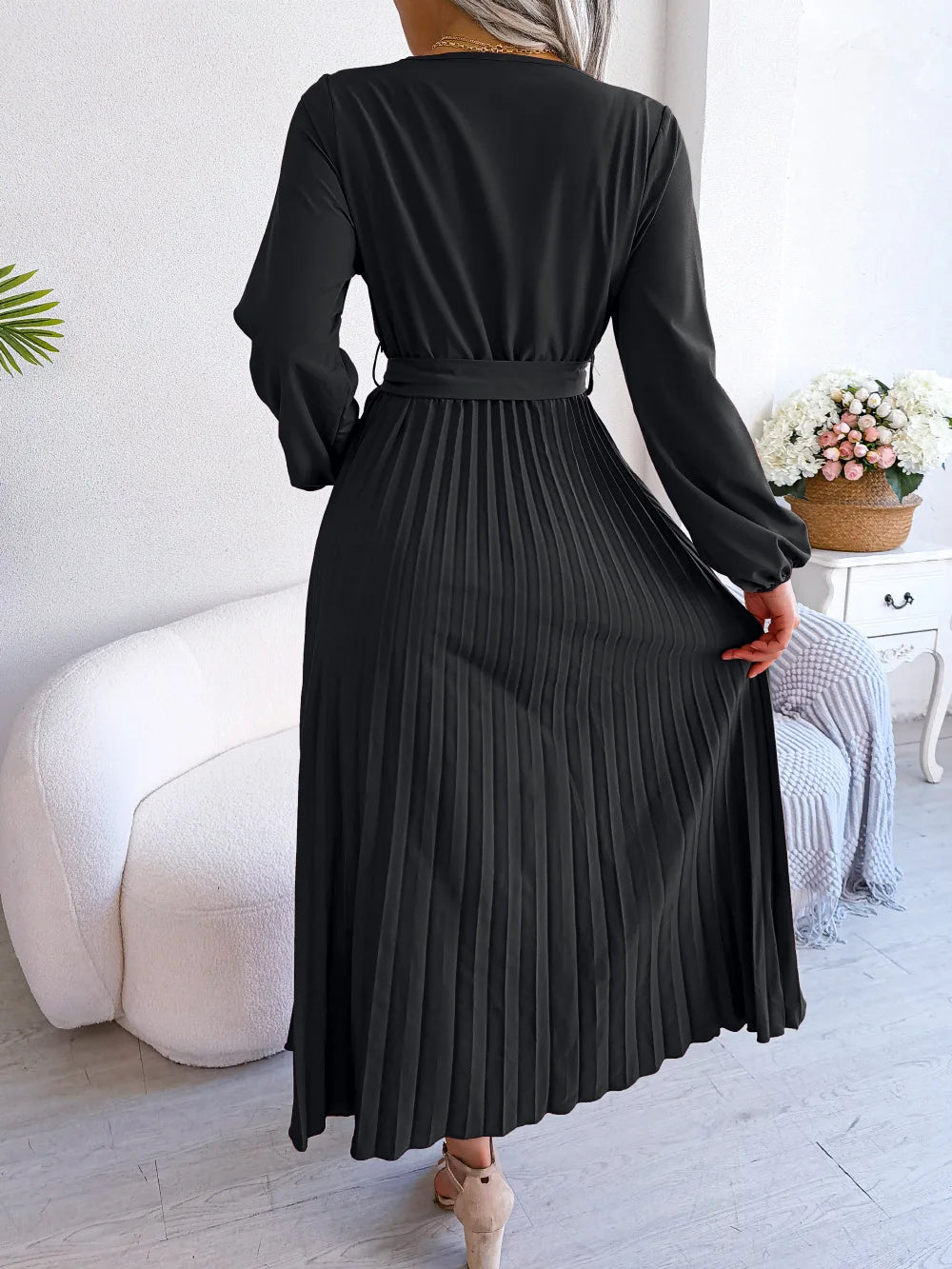 Riley™-  Elegant V-Neck Pleated Maxi Dress.