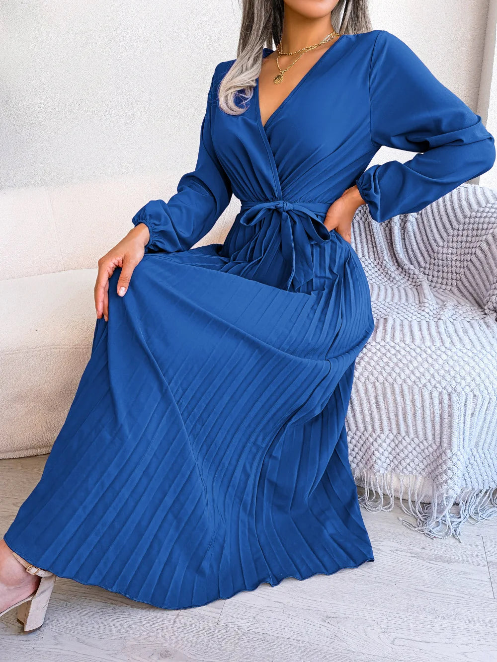 Riley™-  Elegant V-Neck Pleated Maxi Dress.