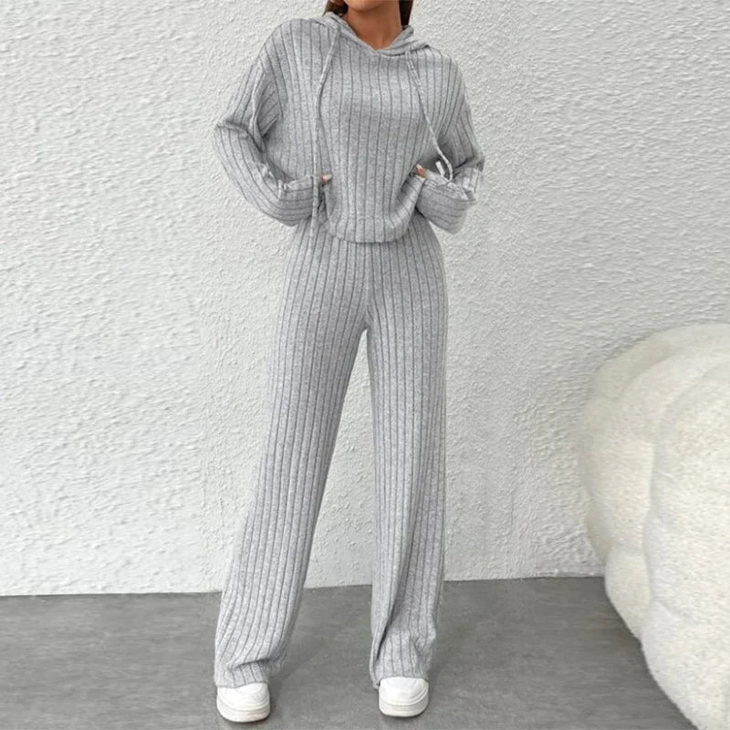 Anna™ | Solid Knitted Striped Sweatshirt Pants Suit