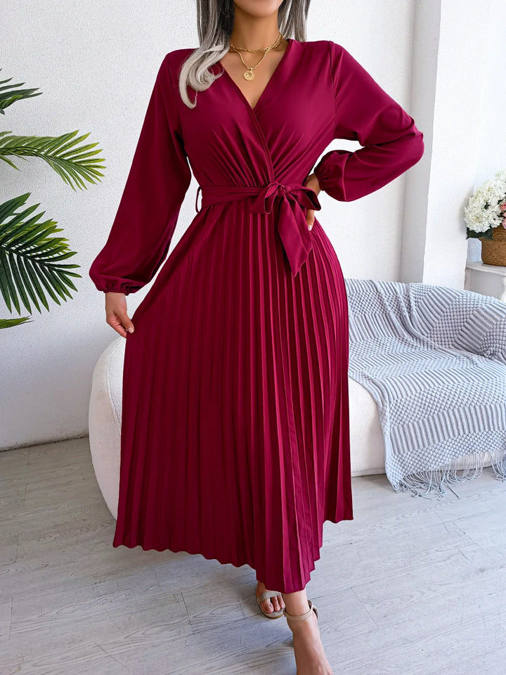 Riley™-  Elegant V-Neck Pleated Maxi Dress.