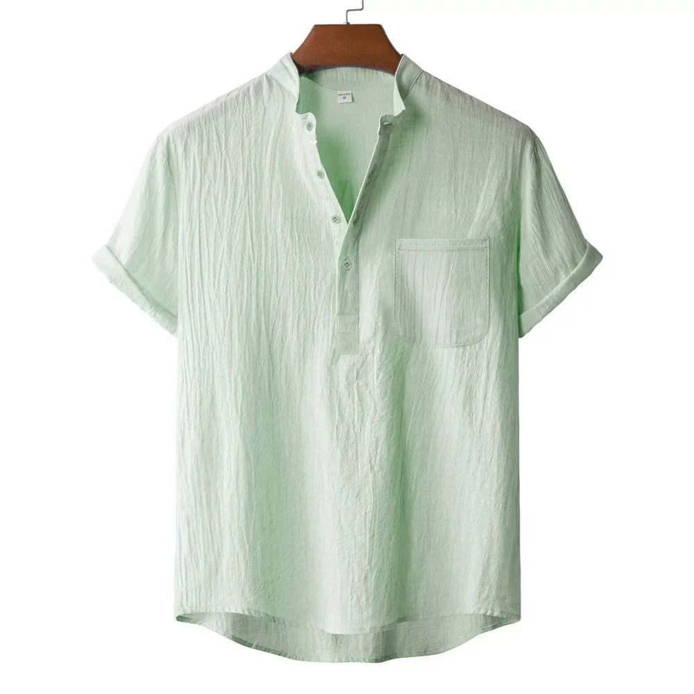 Men's Summer Cotton Linen T-shirt Beach Style Short SLeeve Henley Neck Vacation Hawaii Casual Lightweight Breathable Cozy Tops