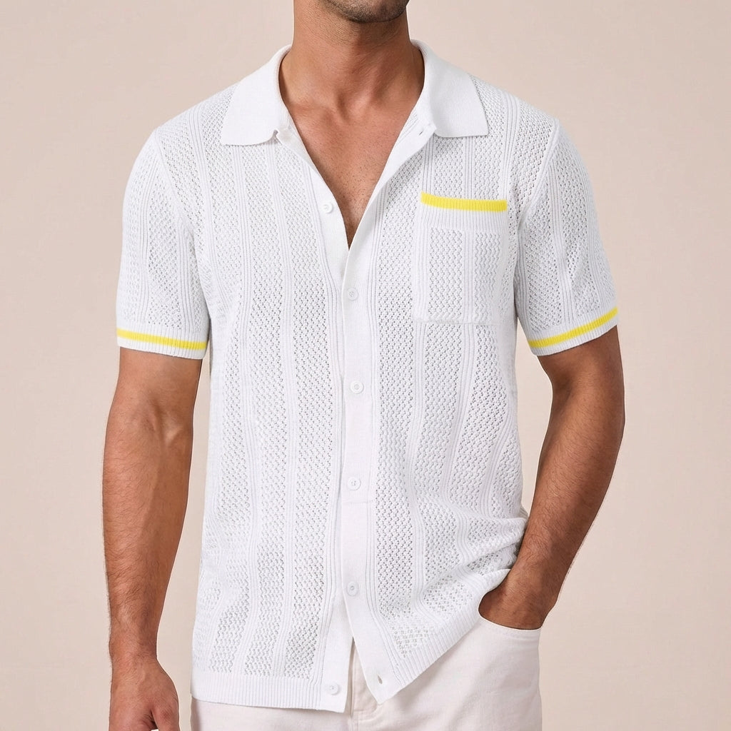 Men’s Openwork Knit Shirt – Camp Collar Short Sleeve Summer Shirt
