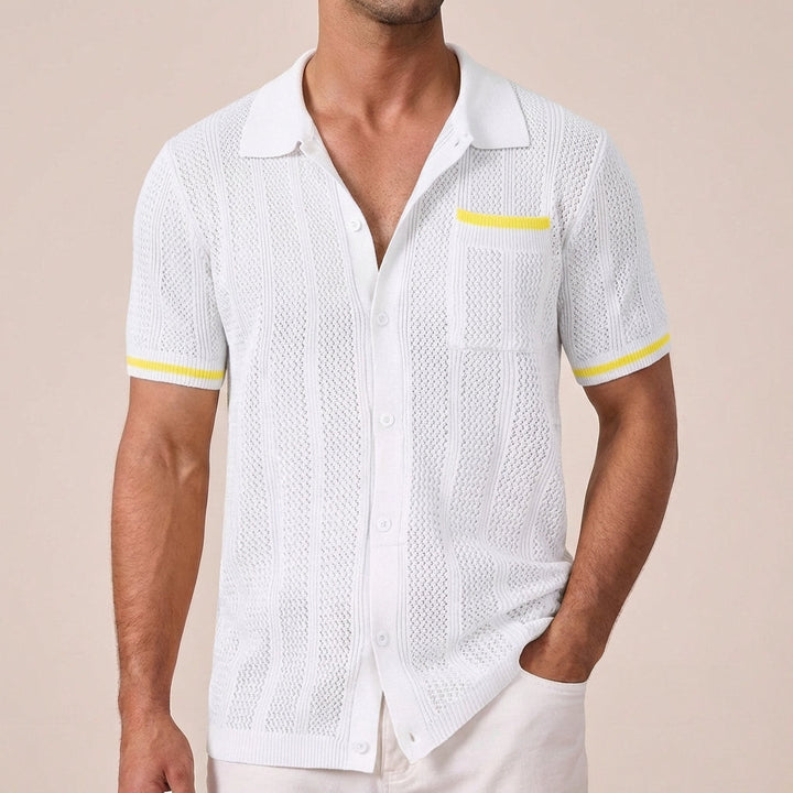 Men’s Openwork Knit Shirt – Camp Collar Short Sleeve Summer Shirt