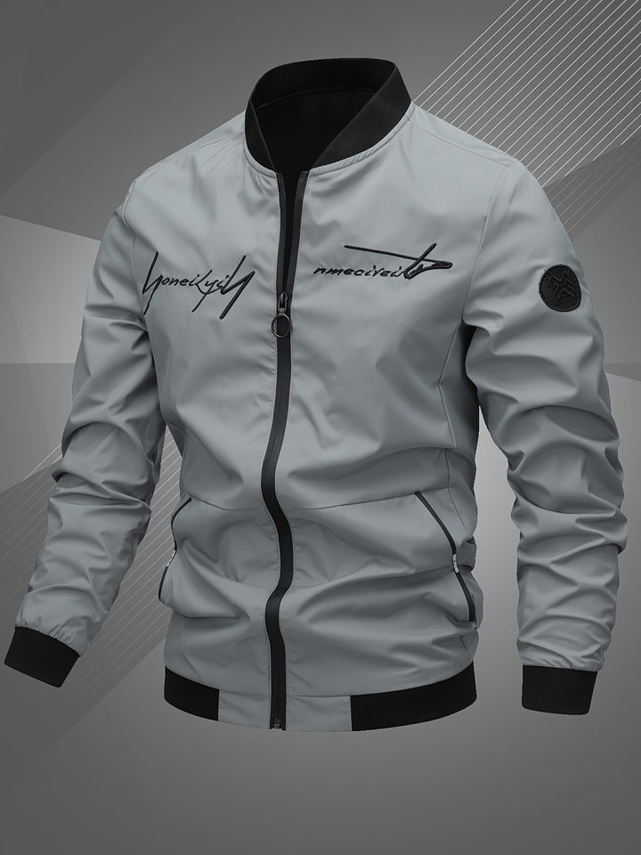 Men'S Letter Embroidered Jacket, Casual Outerwear, Spring, Autumn, Winter Fashion Coat, Suitable for Daily, Home, Outdoor, And Work Occasions