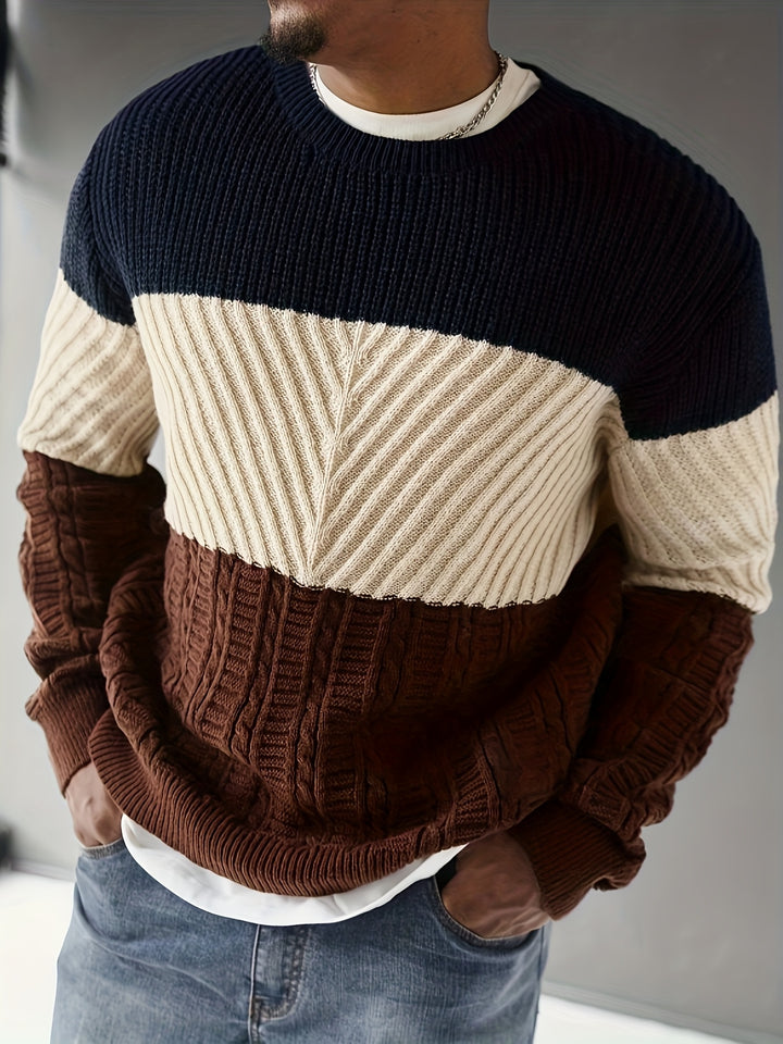 Men's Autumn/Winter Trendy Outfit, Fashionable Casual Color-Block Knit Pullover, Multi-Color and Multi-Texture Crew Neck Long-Sleeve Knit Sweater