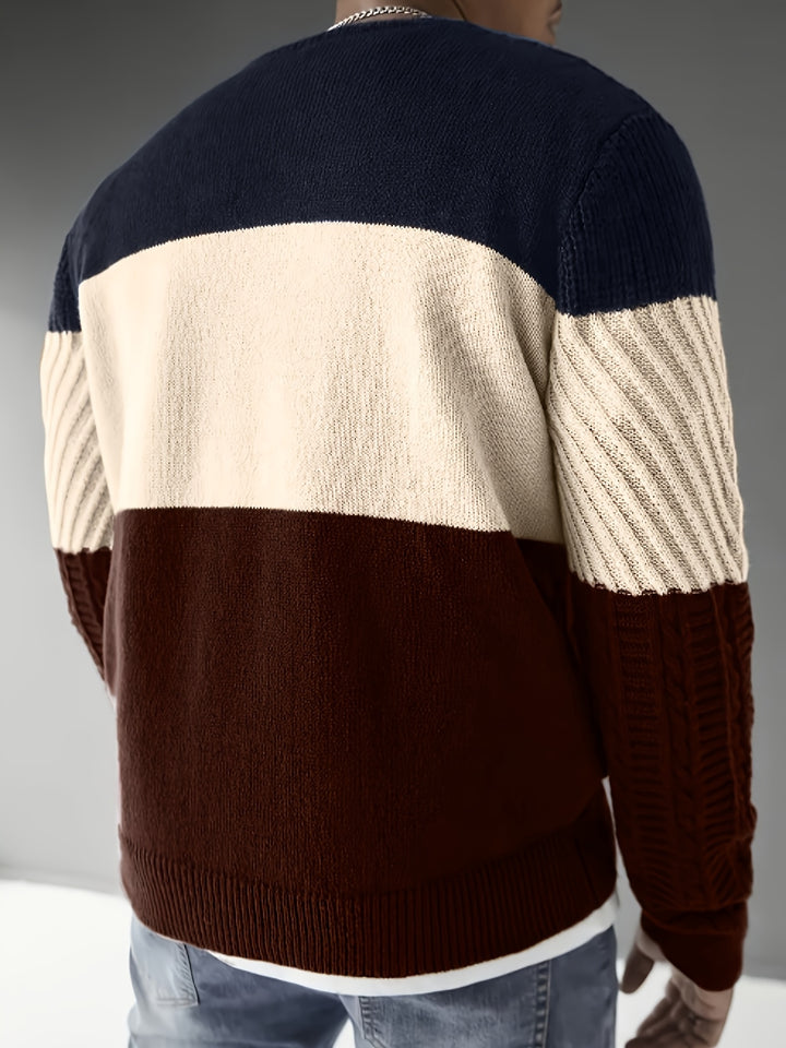 Men's Autumn/Winter Trendy Outfit, Fashionable Casual Color-Block Knit Pullover, Multi-Color and Multi-Texture Crew Neck Long-Sleeve Knit Sweater