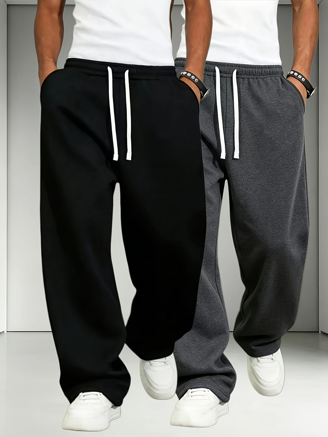 2pcs Men'S Elastic Waist Drawstring Sweatpants, Loose Straight-Leg Casual Trousers, Soft Knit Joggers for Daily Outdoor Wear