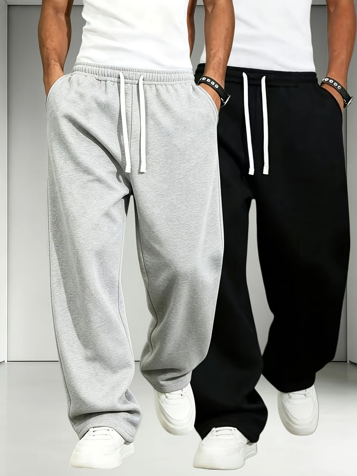 2pcs Men'S Elastic Waist Drawstring Sweatpants, Loose Straight-Leg Casual Trousers, Soft Knit Joggers for Daily Outdoor Wear