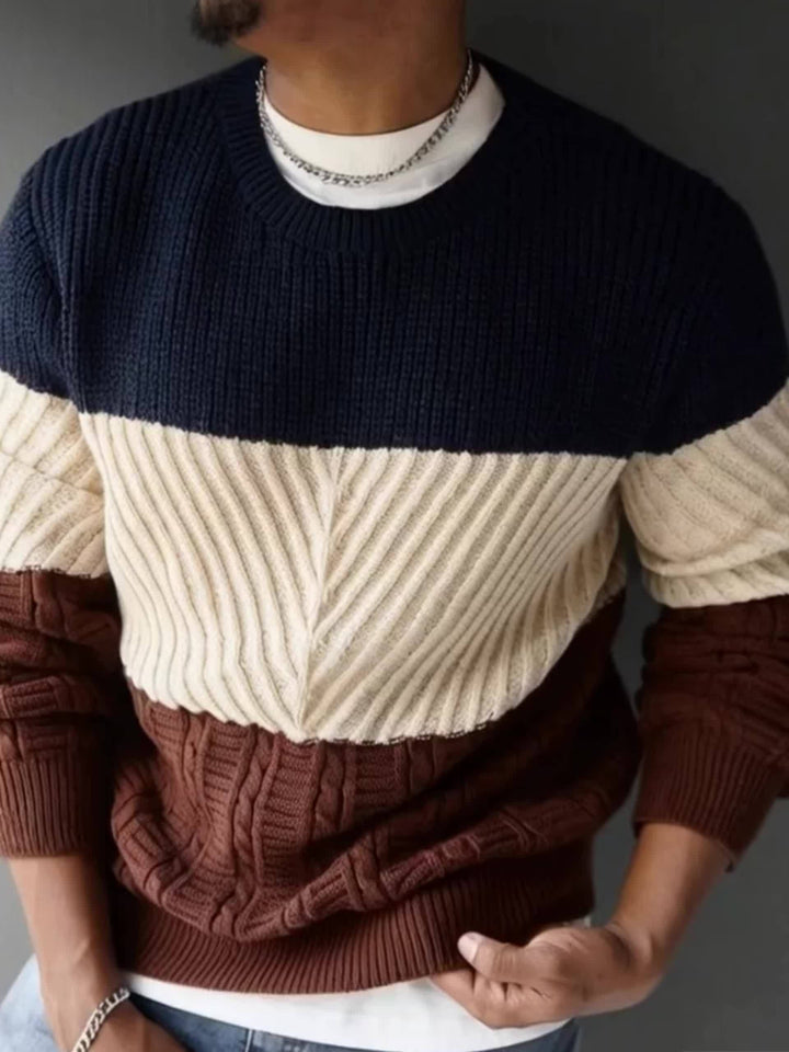 Men's Autumn/Winter Trendy Outfit, Fashionable Casual Color-Block Knit Pullover, Multi-Color and Multi-Texture Crew Neck Long-Sleeve Knit Sweater