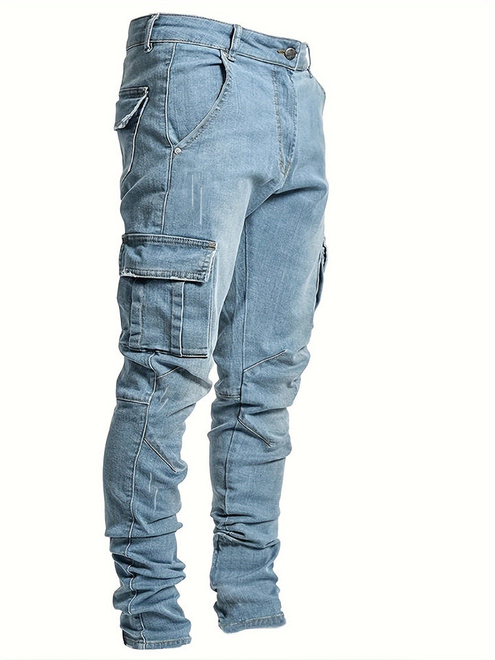 Men's Jeans, Solid Color Multi-Denim Washable, Mid-Rise Cargo Jeans, Fashion Casual Trousers