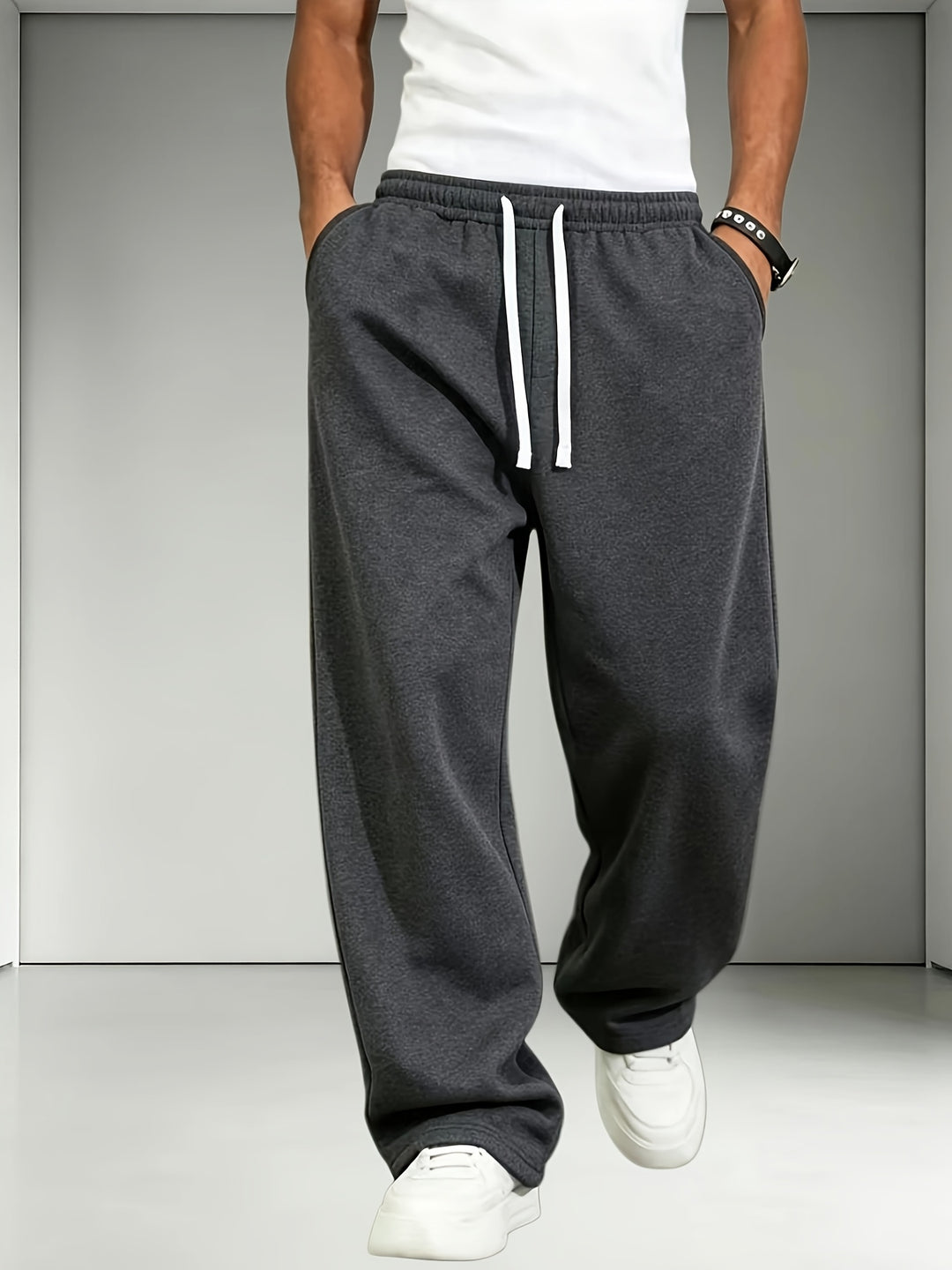 2pcs Men'S Elastic Waist Drawstring Sweatpants, Loose Straight-Leg Casual Trousers, Soft Knit Joggers for Daily Outdoor Wear