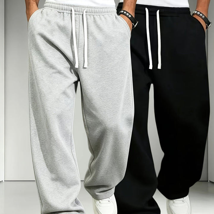 2pcs Men'S Elastic Waist Drawstring Sweatpants, Loose Straight-Leg Casual Trousers, Soft Knit Joggers for Daily Outdoor Wear