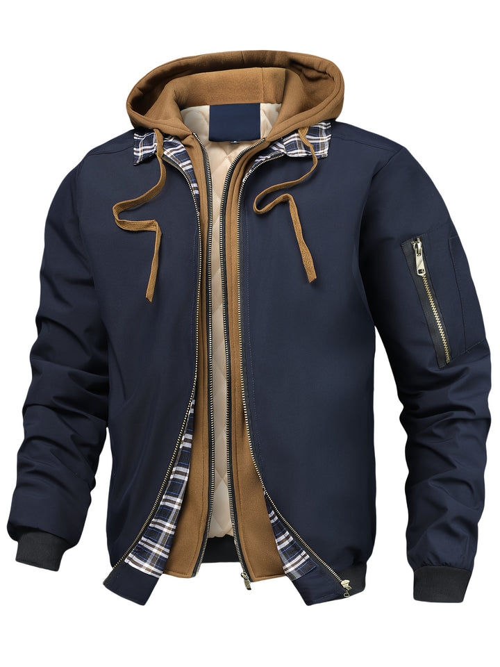 Men's Jacket, Spring Autumn Outerwear, Plaid Hooded Cardigan, Sports Casual Preppy Fashion