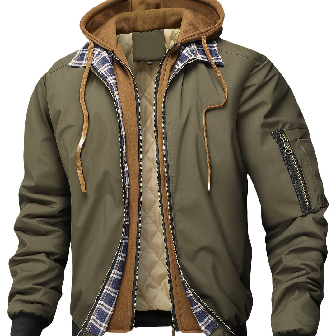 Men's Jacket, Spring Autumn Outerwear, Plaid Hooded Cardigan, Sports Casual Preppy Fashion