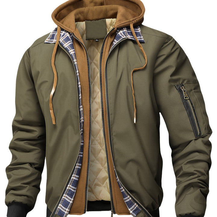 Men's Jacket, Spring Autumn Outerwear, Plaid Hooded Cardigan, Sports Casual Preppy Fashion