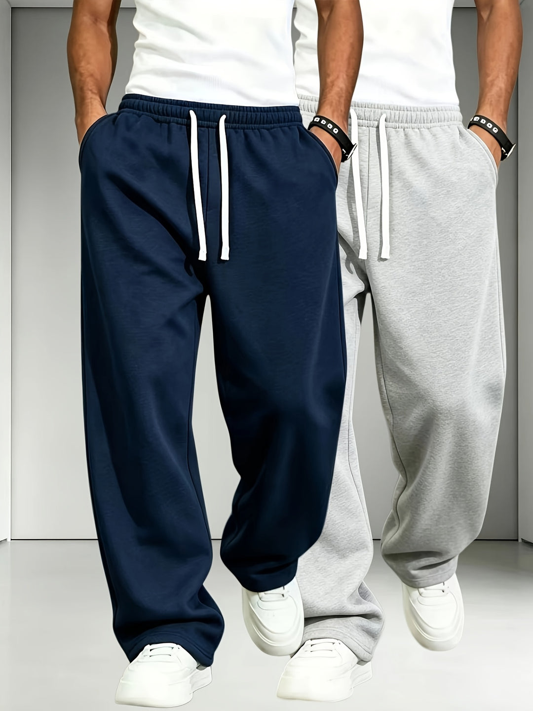 2pcs Men'S Elastic Waist Drawstring Sweatpants, Loose Straight-Leg Casual Trousers, Soft Knit Joggers for Daily Outdoor Wear