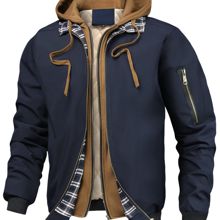 Men's Jacket, Spring Autumn Outerwear, Plaid Hooded Cardigan, Sports Casual Preppy Fashion