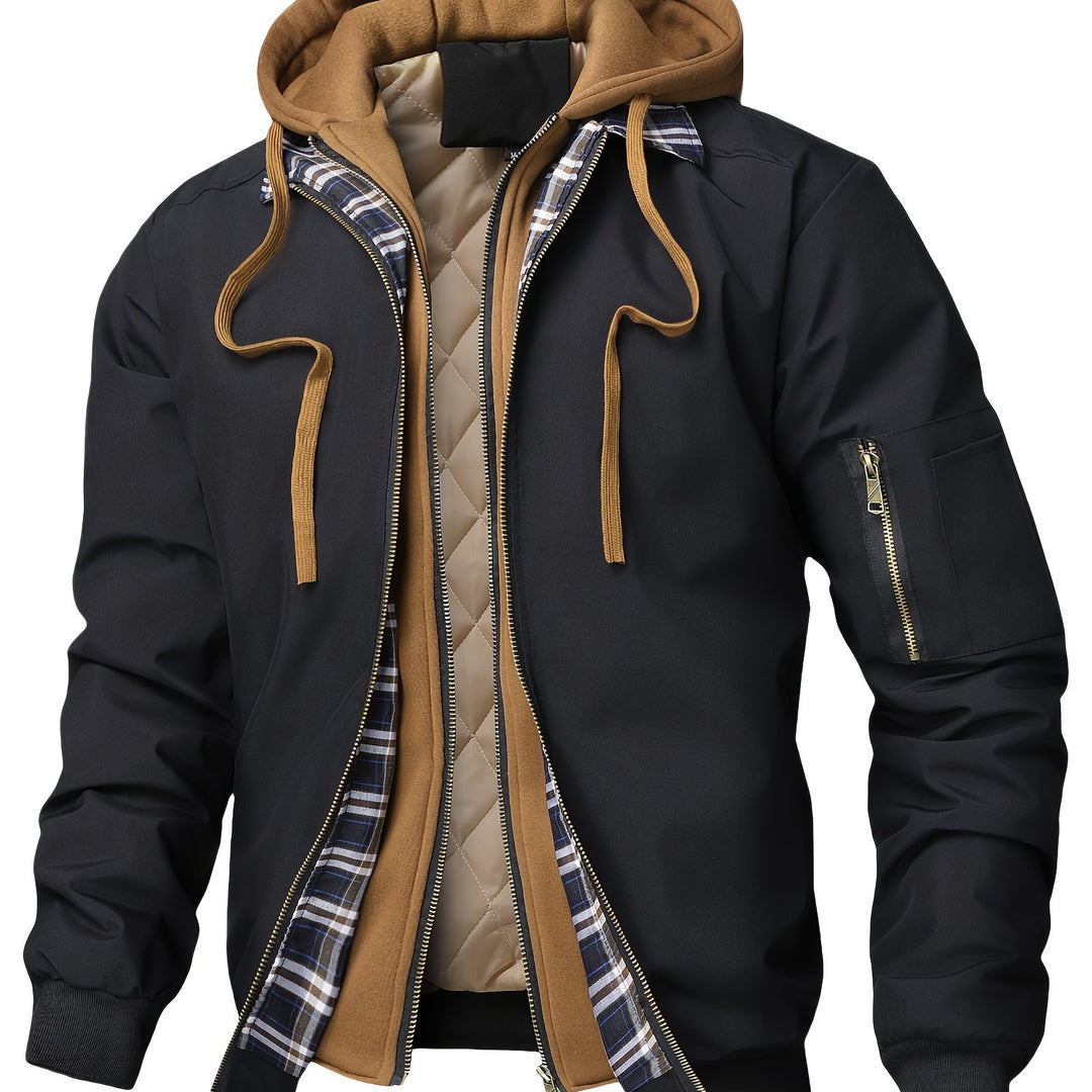 Men's Jacket, Spring Autumn Outerwear, Plaid Hooded Cardigan, Sports Casual Preppy Fashion