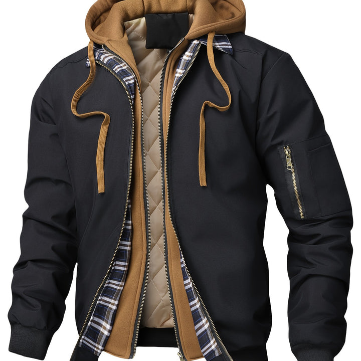 Men's Jacket, Spring Autumn Outerwear, Plaid Hooded Cardigan, Sports Casual Preppy Fashion