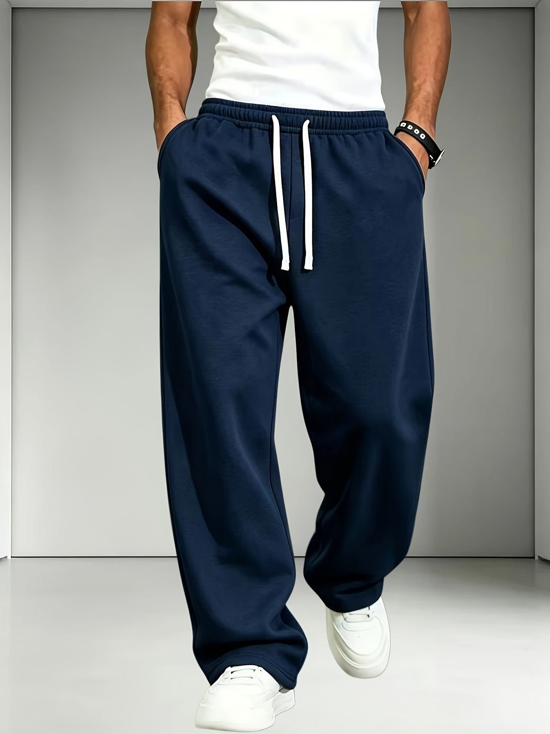 2pcs Men'S Elastic Waist Drawstring Sweatpants, Loose Straight-Leg Casual Trousers, Soft Knit Joggers for Daily Outdoor Wear
