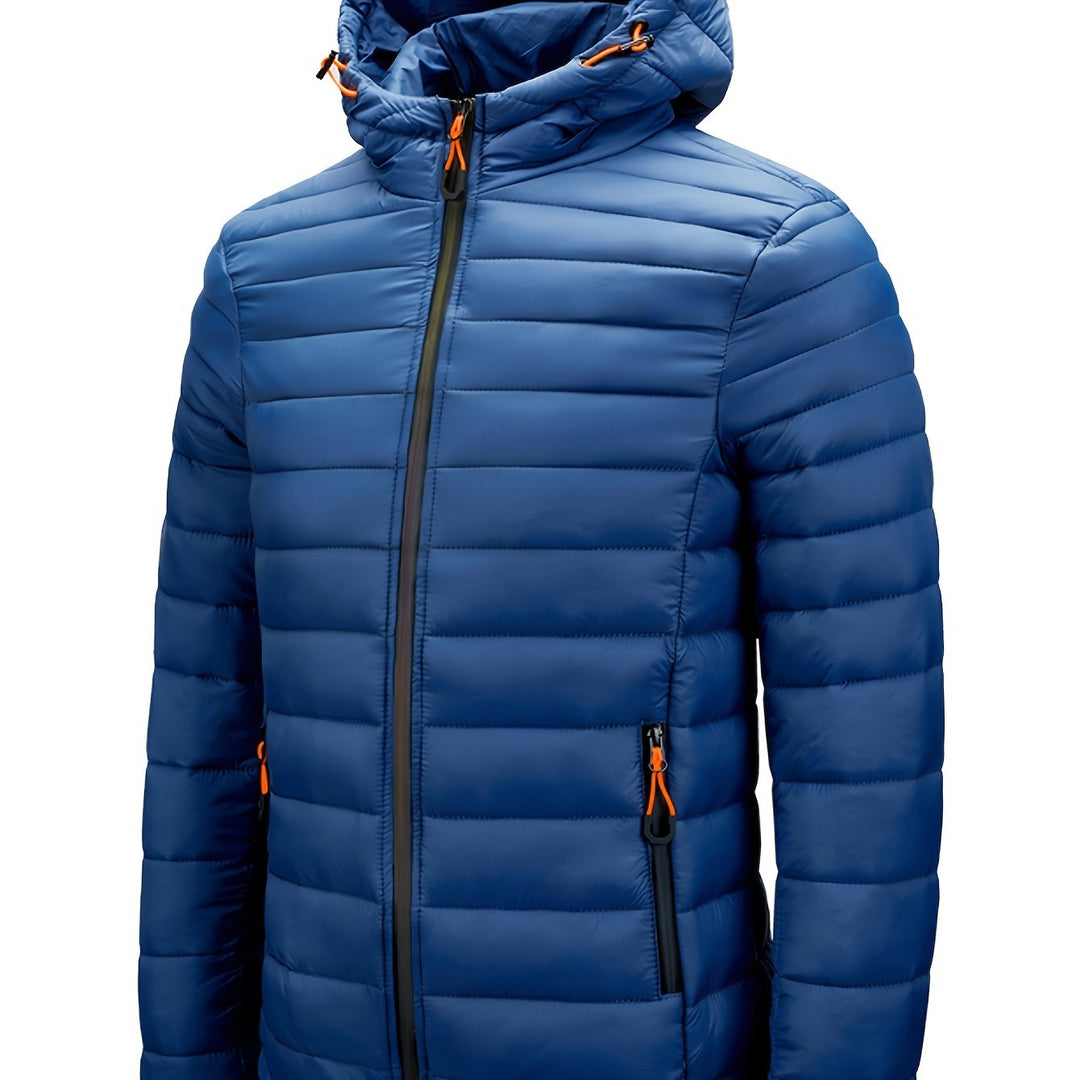 Men's Winter Padded, Hooded Padded Top, Warm Quilted Jacket with Colorful Zipper Pockets
